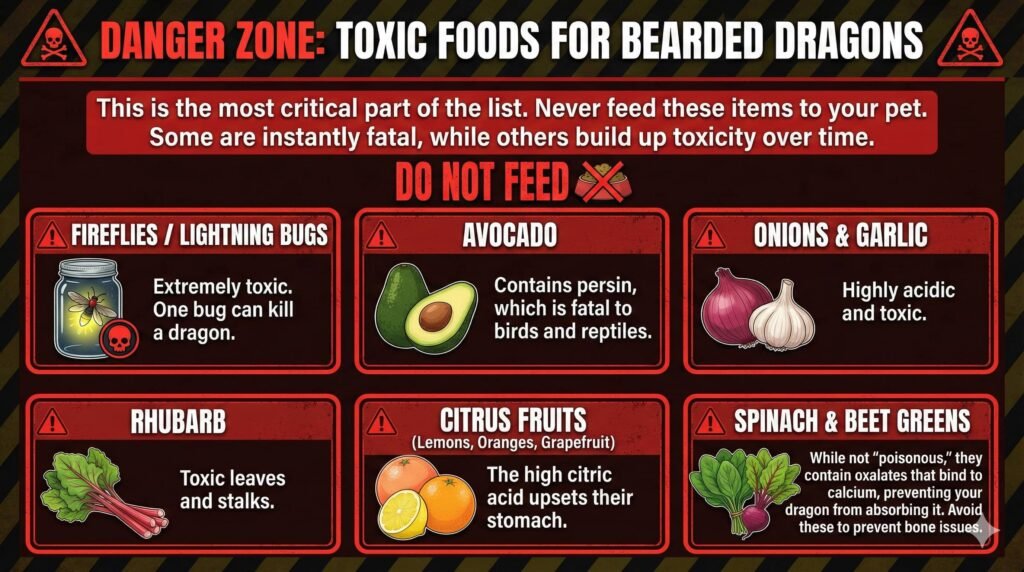 Infographic titled "DANGER ZONE: TOXIC FOODS FOR BEARDED DRAGONS" at the top. Below the title, an introductory text states: "This is the most critical part of the list. Never feed these items to your pet. Some are instantly fatal, while others build up toxicity over time." The infographic presents six distinct sections, each with an illustration and warning text. The top left section shows a jar with a glowing firefly and is titled "FIREFLIES / LIGHTNING BUGS" with the warning "Extremely toxic. One bug can kill a dragon." The top middle section shows an avocado and is titled "AVOCADO" with the warning "Contains persin, which is fatal to birds and reptiles." The top right section shows an onion and garlic bulb and is titled "ONIONS & GARLIC" with the warning "Highly acidic and toxic." The bottom left section shows rhubarb stalks and leaves and is titled "RHUBARB" with the warning "Toxic leaves and stalks." The bottom middle section shows slices of lemon, orange, and grapefruit and is titled "CITRUS FRUITS (Lemons, Oranges, Grapefruit)" with the warning "The high citric acid upsets their stomach." The bottom right section shows spinach and beet greens and is titled "SPINACH & BEET GREENS" with the warning "While not 'poisonous,' they contain oxalates that bind to calcium, preventing your dragon from absorbing it. Avoid these to prevent bone issues." All sections include a small warning icon.