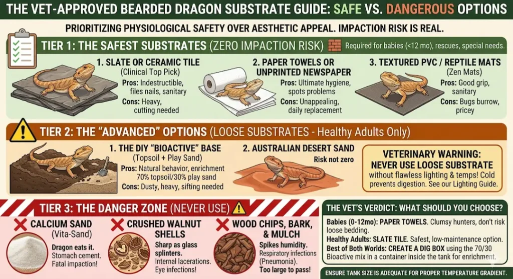 infographic summarizing the best substrate options for your bearded dragon based on the three-tier system you described, including pros, cons, and veterinary warnings.