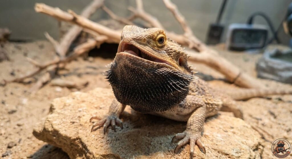 A healthy bearded dragon resting on a rock, displaying calm bearded dragon body language