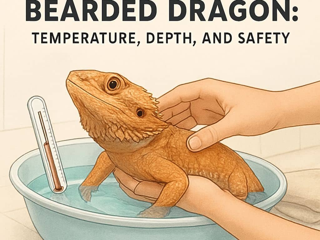 Hands holding a bearded dragon inside a shallow bowl of water while a thermometer rests on the rim
