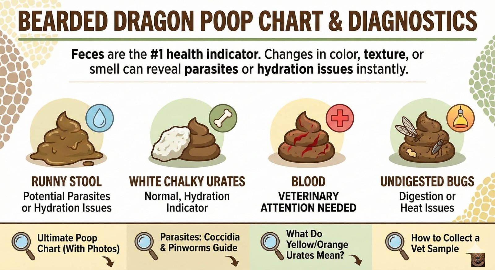 Bearded dragon poop chart and diagnostics showing how feces can indicate hydration, parasites, and overall reptile health