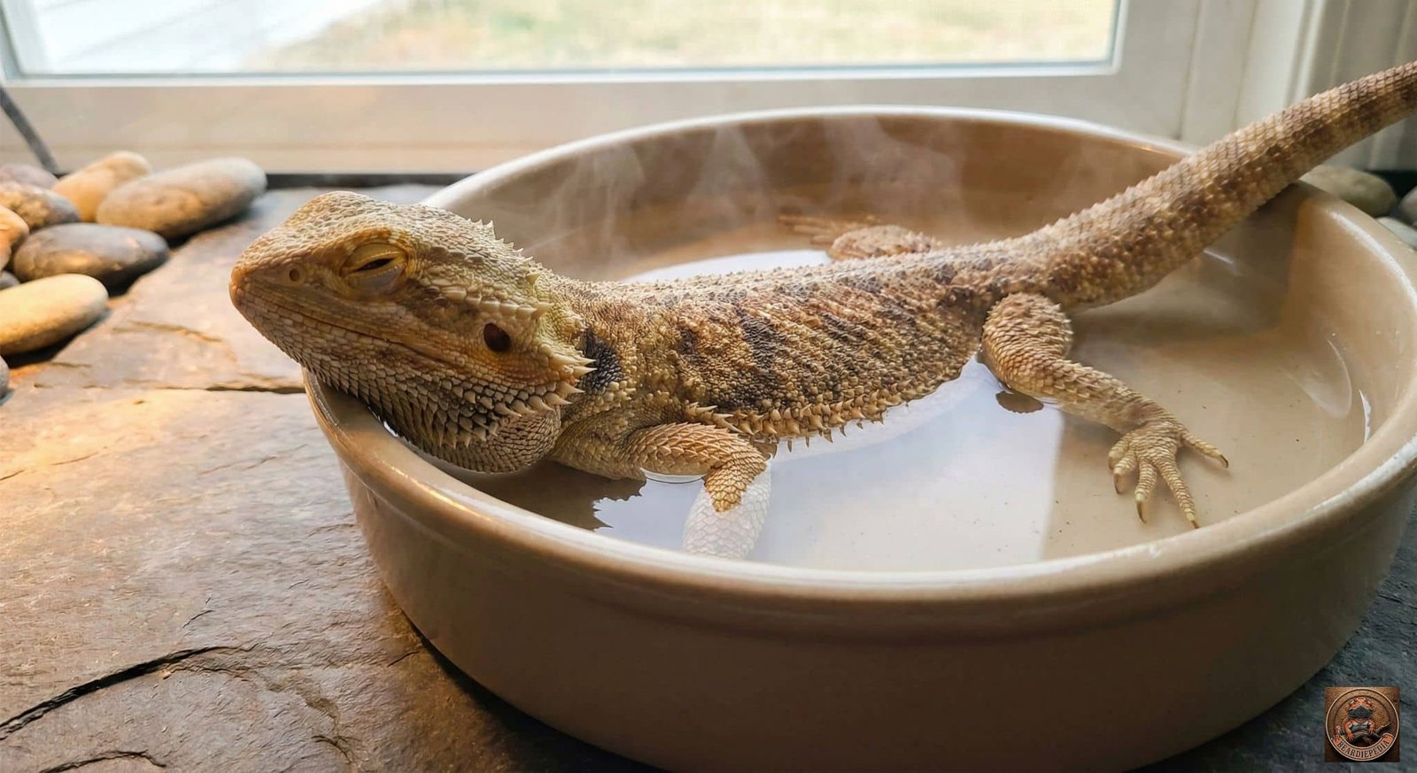 Bearded dragon relaxing in a warm bath with water up to its shoulders