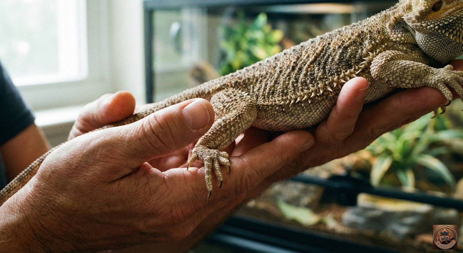 Close up of a person gently supporting a bearded dragon's legs while holding it