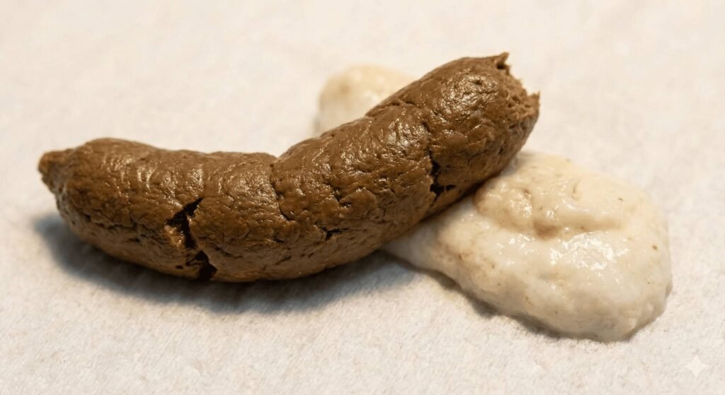 Healthy bearded dragon poop sample showing a firm brown fecal log with a soft white urate tip on a clean paper towel.