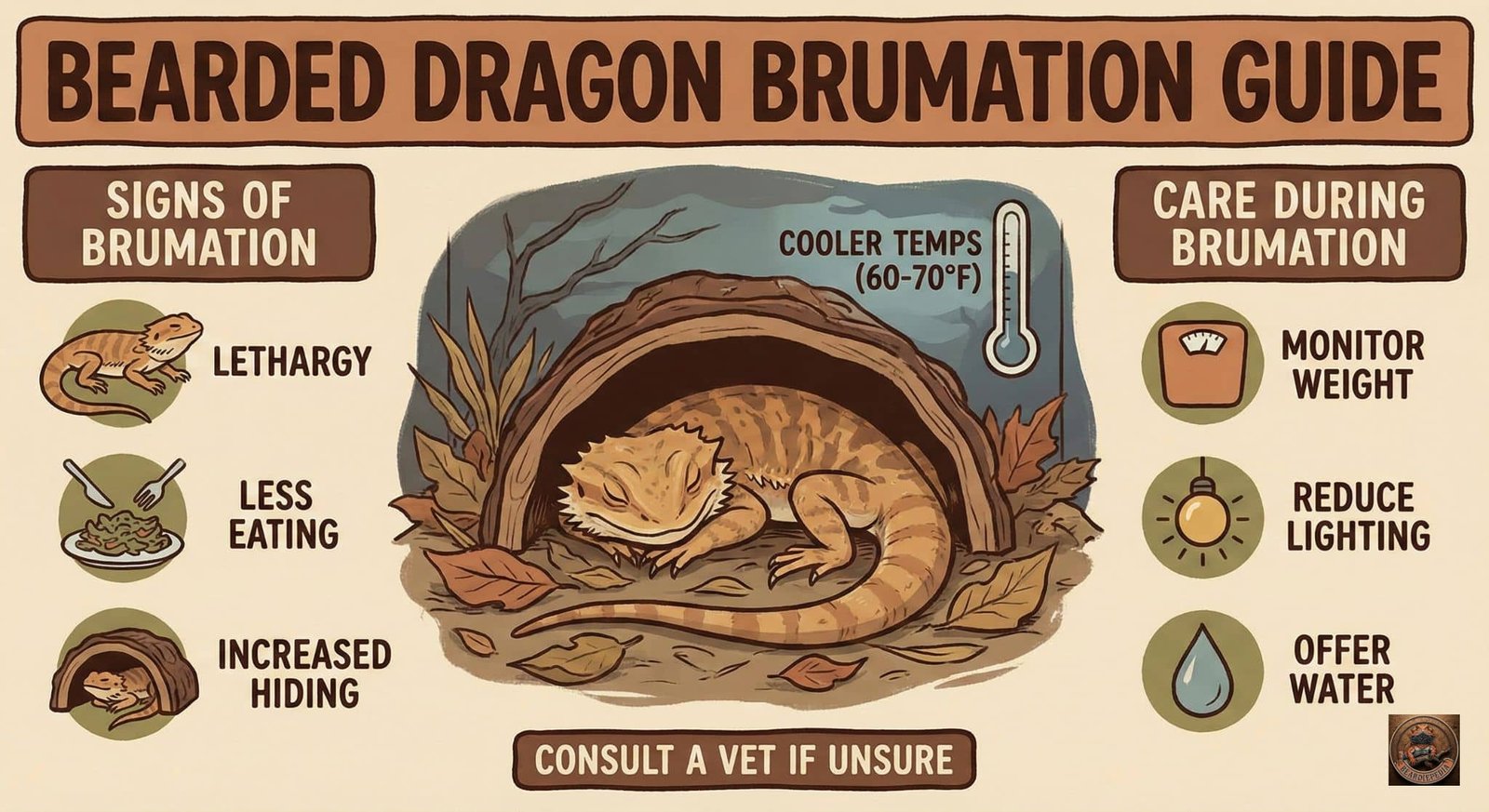 Infographic illustration titled BEARDED DRAGON BRUMATION GUIDE. The center features a bearded dragon sleeping curled up inside a hollow log hide amidst dry leaves, next to a thermometer indicating COOLER TEMPS (60-70°F). To the left, a section titled SIGNS OF BRUMATION  lists three points with icons: LETHARGY (sleeping dragon), LESS EATING (plate of food), and INCREASED HIDING (dragon in a cave). To the right, a section titled CARE DURING BRUMATION lists three points with icons: MONITOR WEIGHT (scale), REDUCE LIGHTING (lightbulb), and OFFER WATER (water droplet). A banner across the bottom reads, CONSULT A VET IF UNSURE. The color scheme is earthy browns, oranges, and greens.
