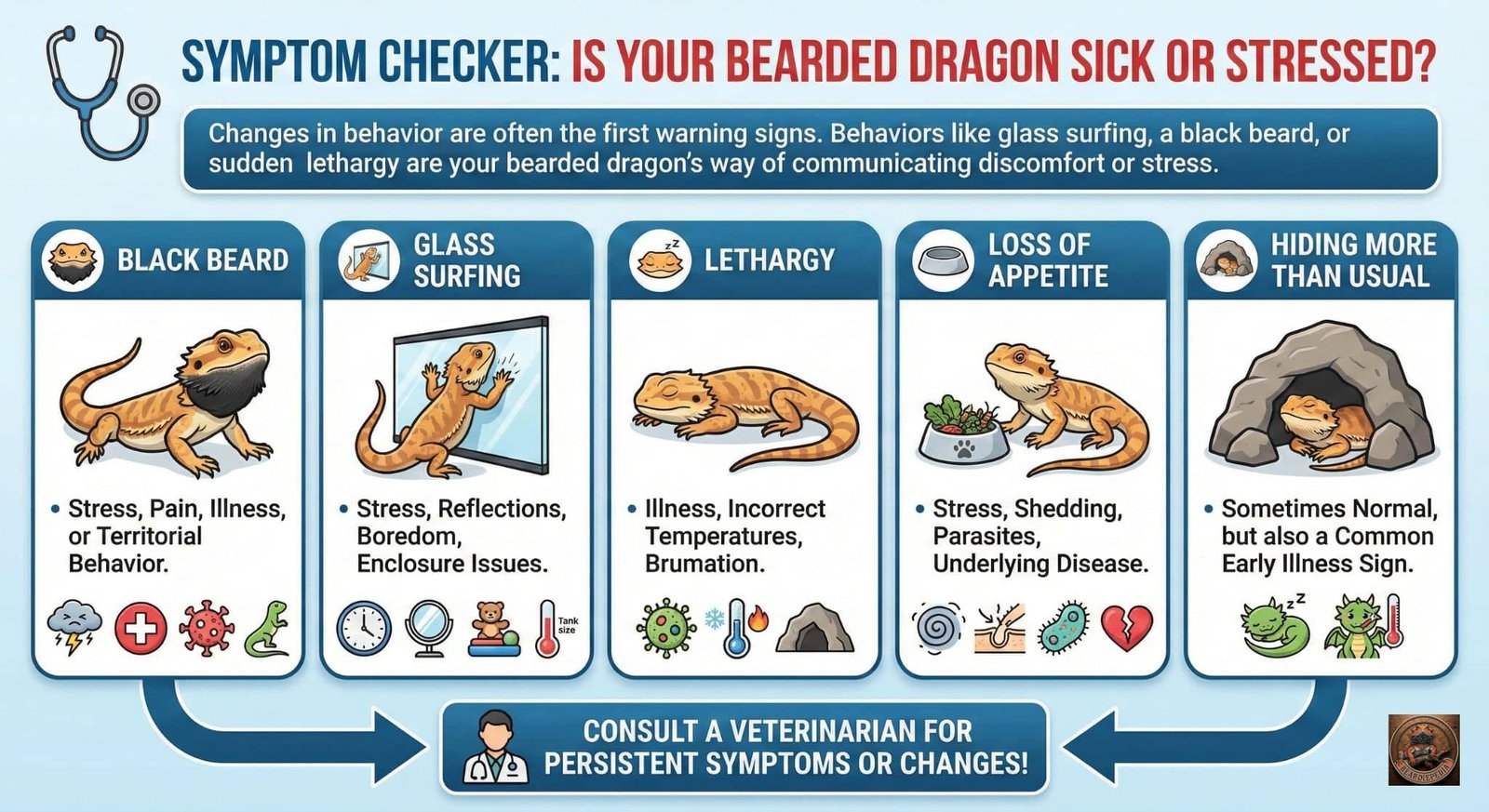 Infographic titled SYMPTOM CHECKER,IS YOUR BEARDED DRAGON SICK OR STRESSED?. The introductory text states that changes in behavior are often the first warning signs of discomfort or stress, mentioning glass surfing, a black beard, or sudden lethargy.