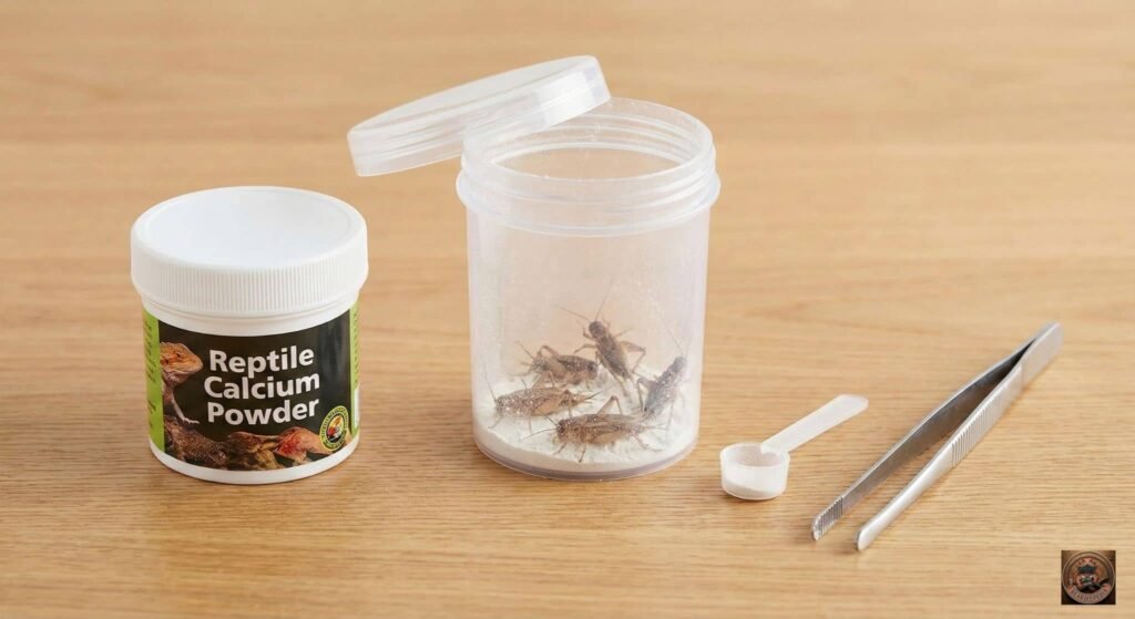 Step-by-step method to dust live crickets with calcium for bearded dragon powder