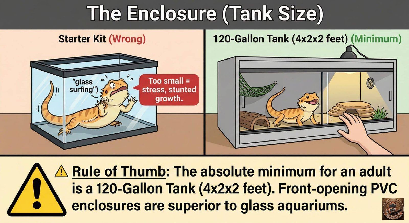 Infographic titled: The Enclosure (Tank Size). On the left, under 'Starter Kit (Wrong)', is a small glass tank with an illustration of a stressed, watery-eyed bearded dragon 'glass surfing' against the glass. A speech bubble reads: 'Too small = stress, stunted growth.' On the right, under '120-Gallon Tank (4x2x2 feet) (Minimum)', is a large, front-opening PVC enclosure with a happy bearded dragon inside, decorations, and a human hand opening the sliding door. At the bottom, a large yellow warning triangle icon precedes the bold text: '⚠ Rule of Thumb: The absolute minimum for an adult is a 120-Gallon Tank (4x2x2 feet). Front-opening PVC enclosures are superior to glass aquariums.' The background is divided into peach and light green colors.