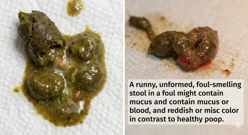 Unhealthy bearded dragon poop examples showing runny diarrhea indicative of parasites and bloody stool warning signs.