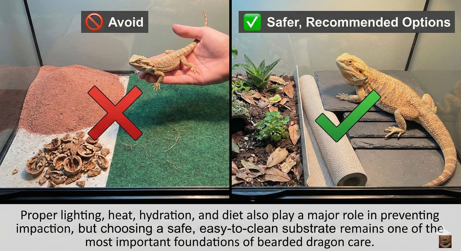 Image of two panels comparing substrate options for bearded dragons.