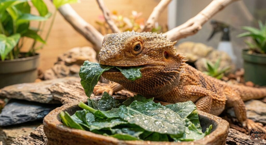 A hydrated bearded dragon eating heavily misted collard greens from a shallow reptile dish.