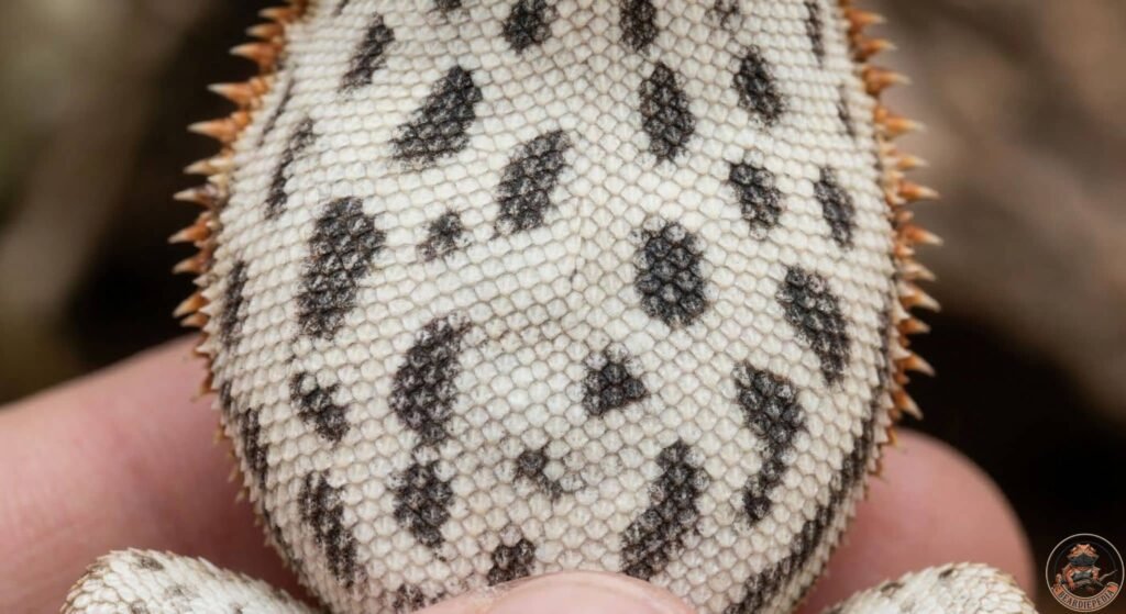 Close-up of a baby bearded dragon's belly displaying dark, oval-shaped stress marks against white scales