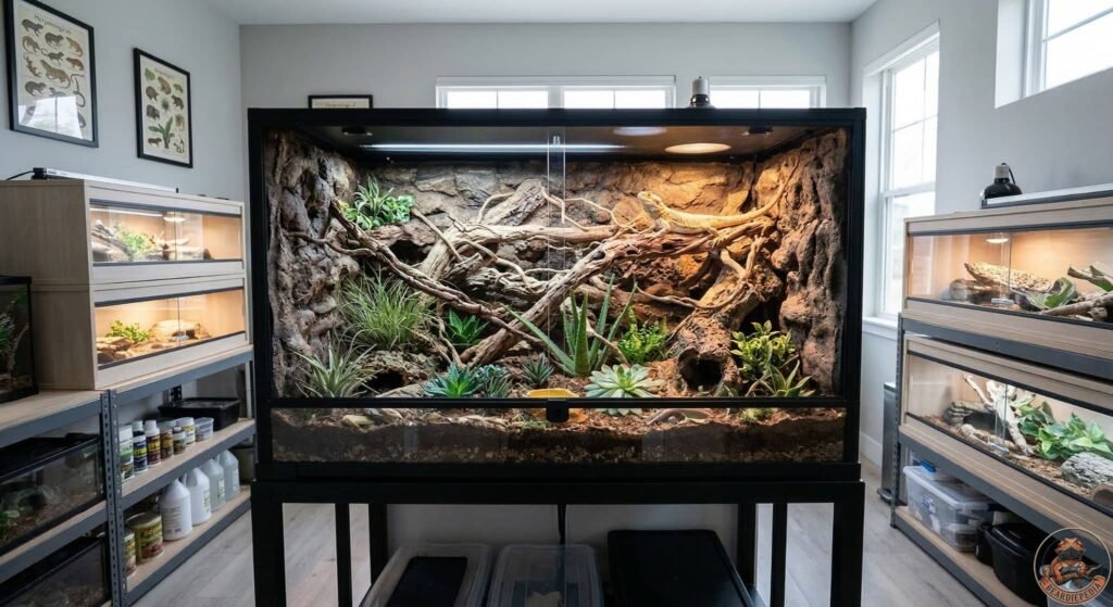 Creative bearded dragon tank with bioactive plants and climbing branches in a modern reptile room