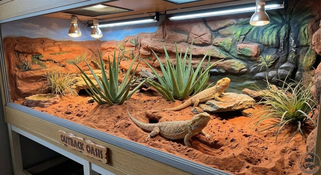 Outback oasis bearded dragon enclosure featuring live aloe plants and sand substrate for digging