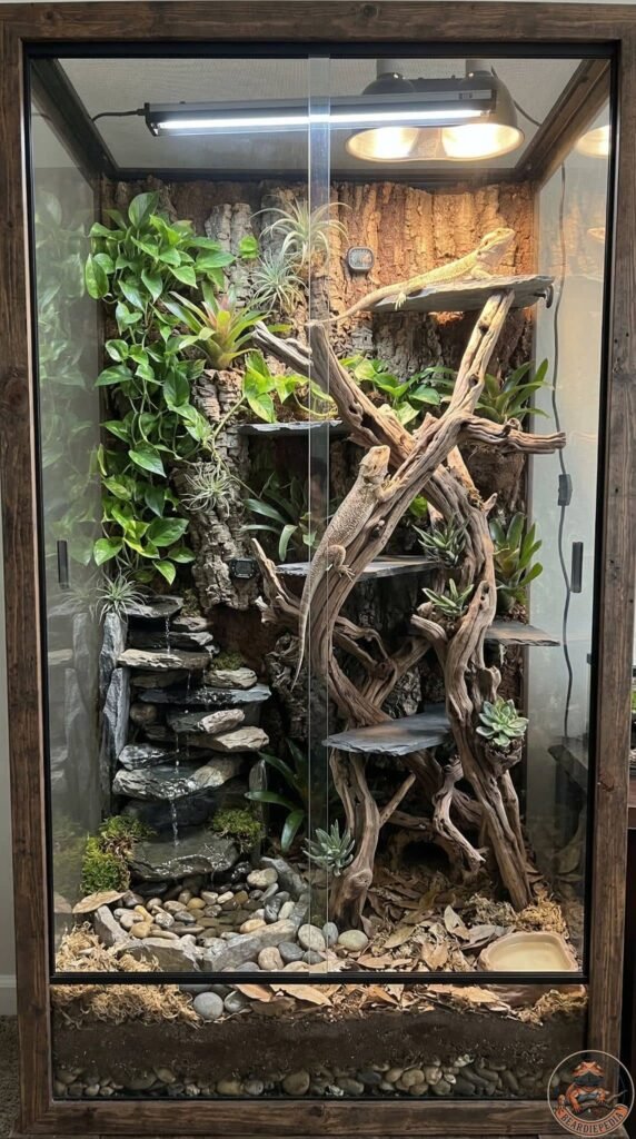 Vertical jungle gym vivarium for bearded dragons with driftwood towers and waterfall dripper