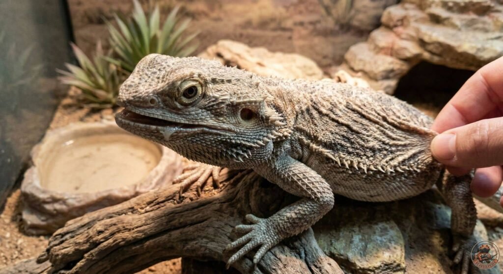 A close-up of a sick, dehydrated bearded dragon displaying sunken eyes and wrinkled, tented skin