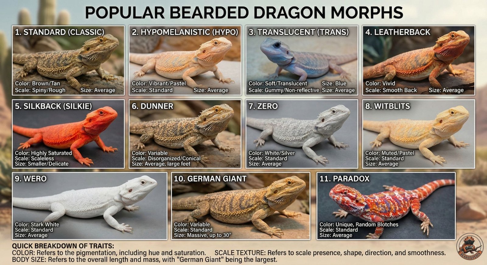 Detailed infographic of 11 bearded dragon morphs: Standard, Hypo, Translucent, Leatherback, Silkback, Dunner, Zero, Witblits, Wero, German Giant, and Paradox, detailing their color, scale texture, and size.