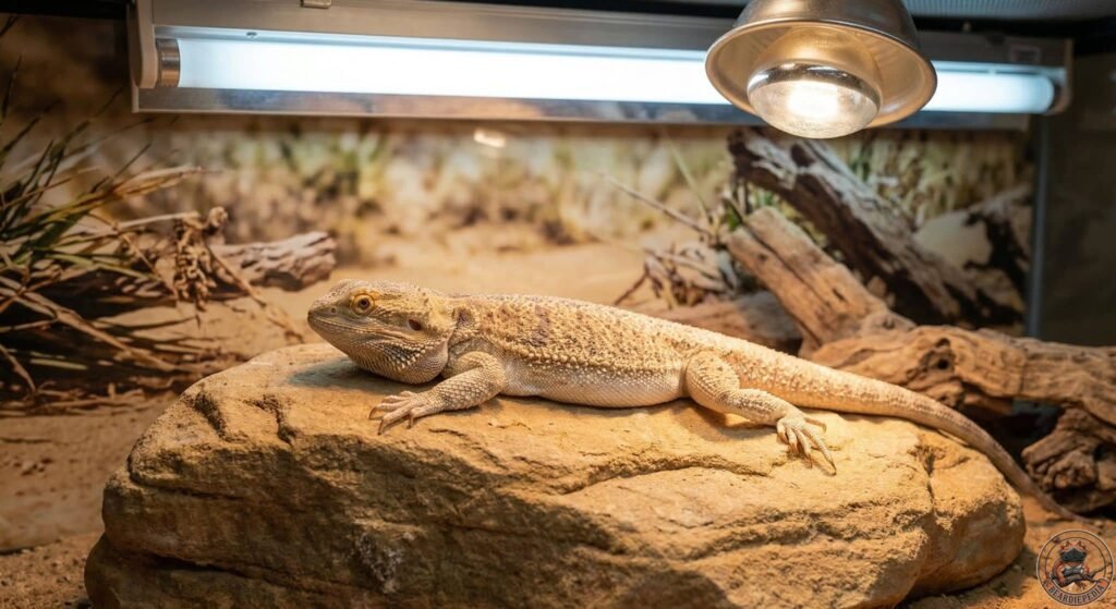 relaxed, healthy bearded dragon basking on a rock under proper UVB lighting, showing a clear white belly.